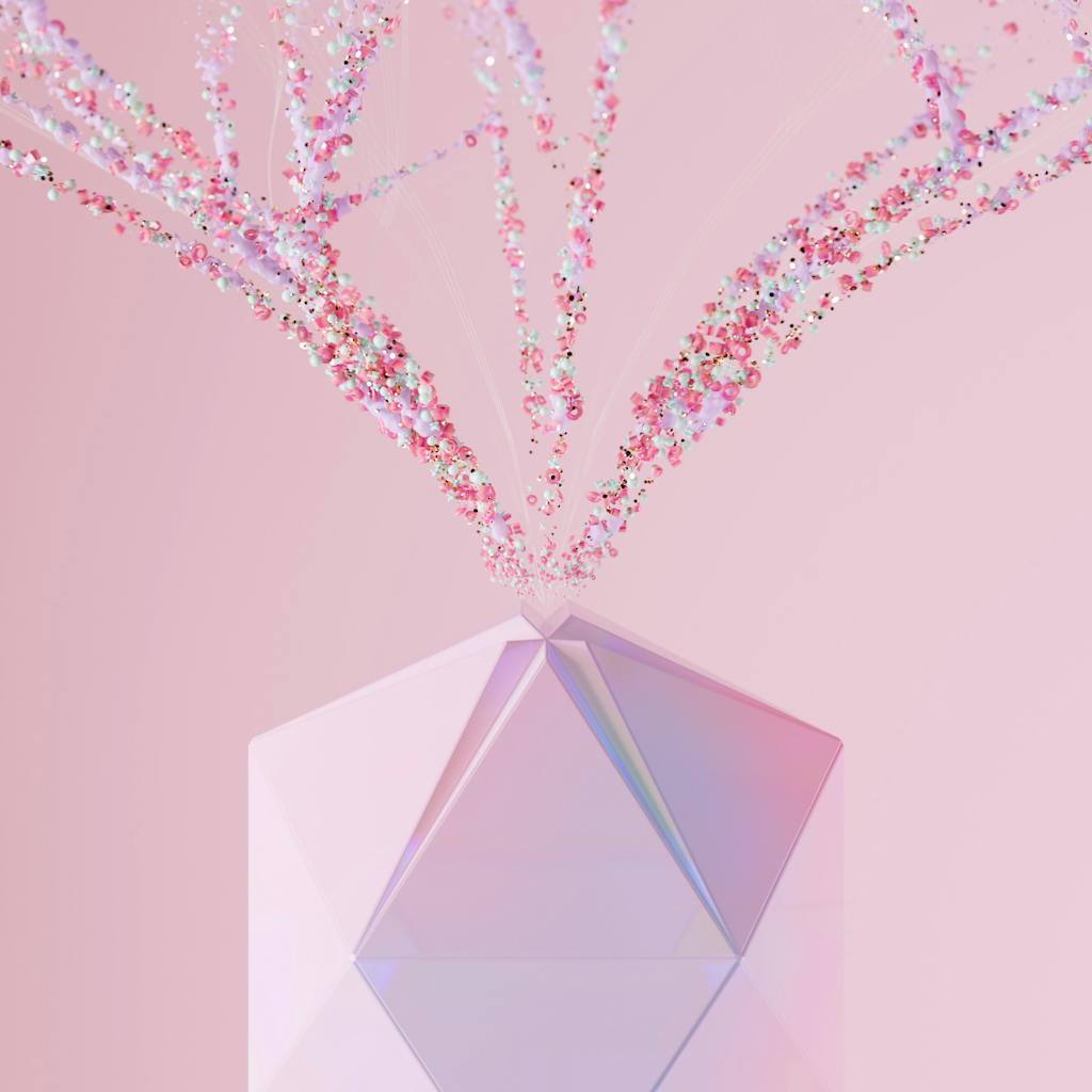 A modern abstract geometric vase with a colorful particle explosion on a pink background.