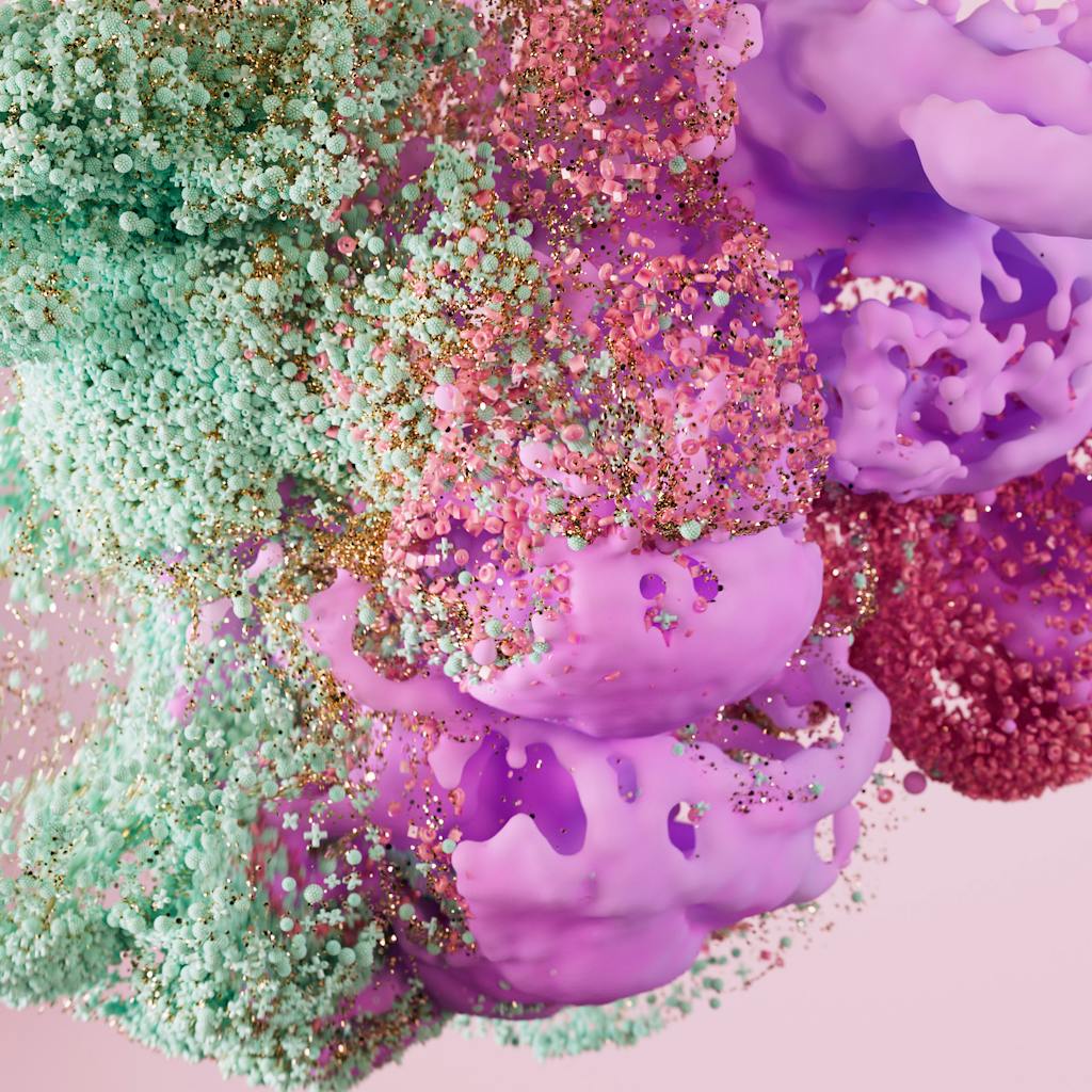 Dynamic abstract composition of colorful particles and shapes, blending vivid textures and hues.