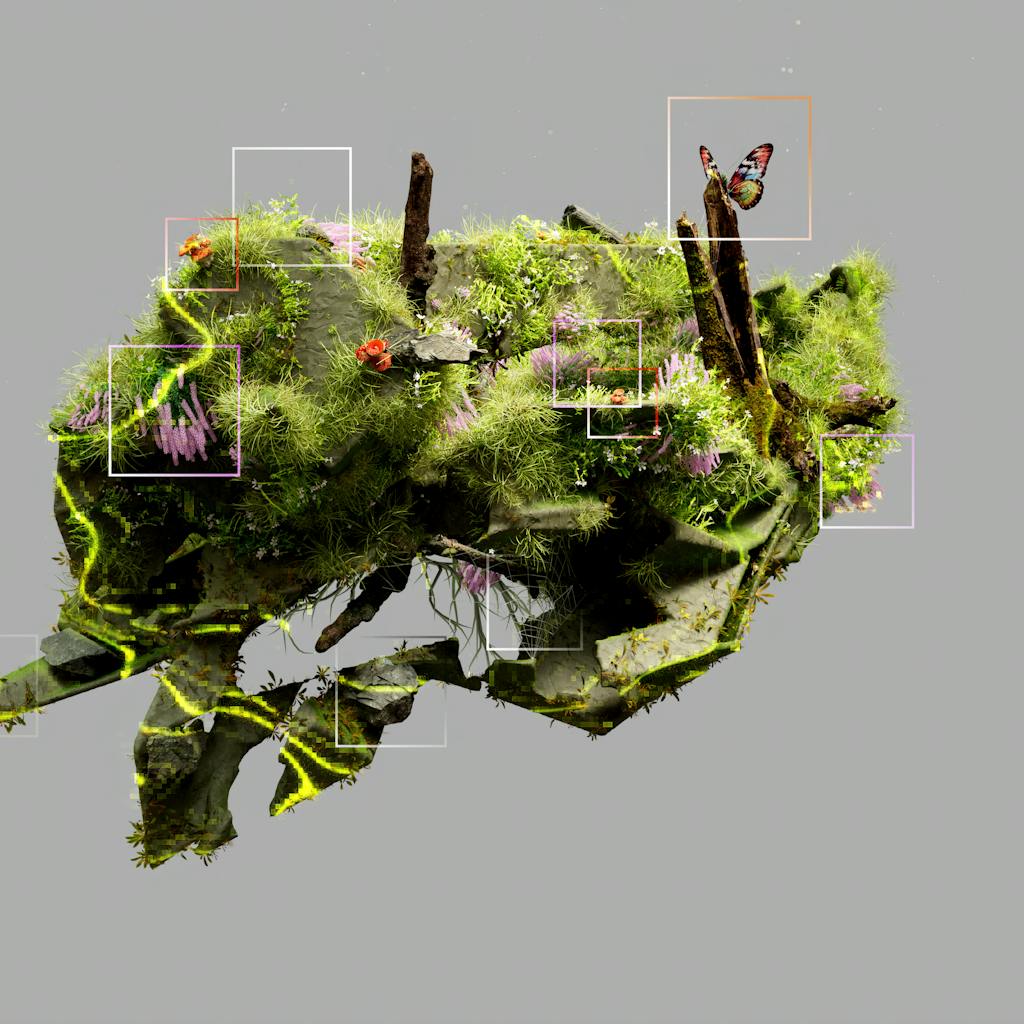 3D rendered abstract eco-system depicting nature and technology symbiosis.